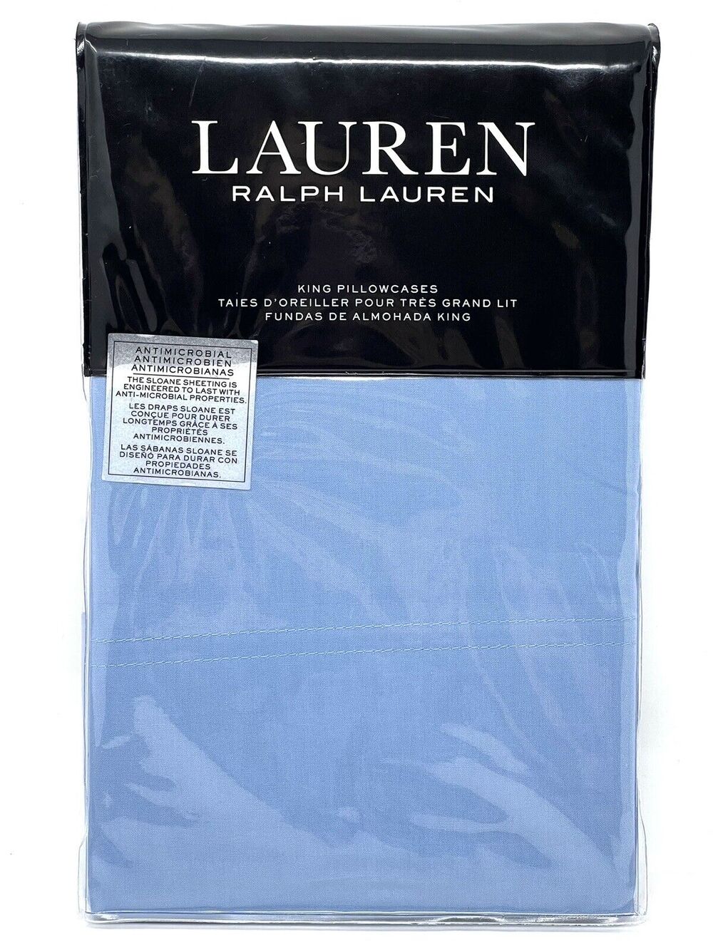 Ralph Lauren SLOANE King Sz Pillowcases Antimicrobial Light Blue Cotton Percale